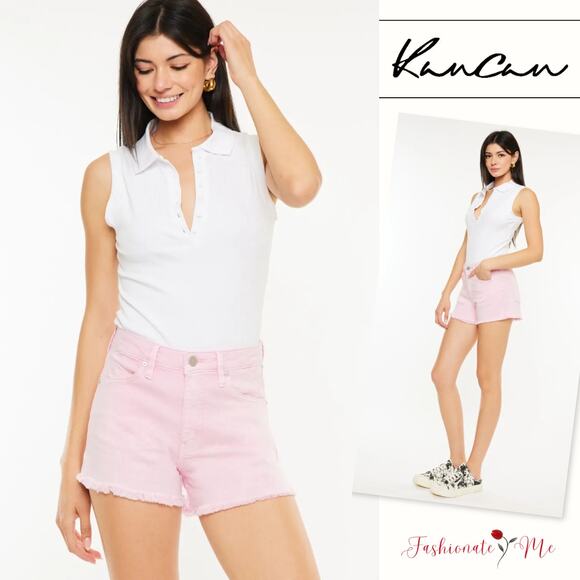 KanCan Raw Hem High Waist Design Zipper Fly Stretch Denim Shorts | Pink - Picture 1 of 7